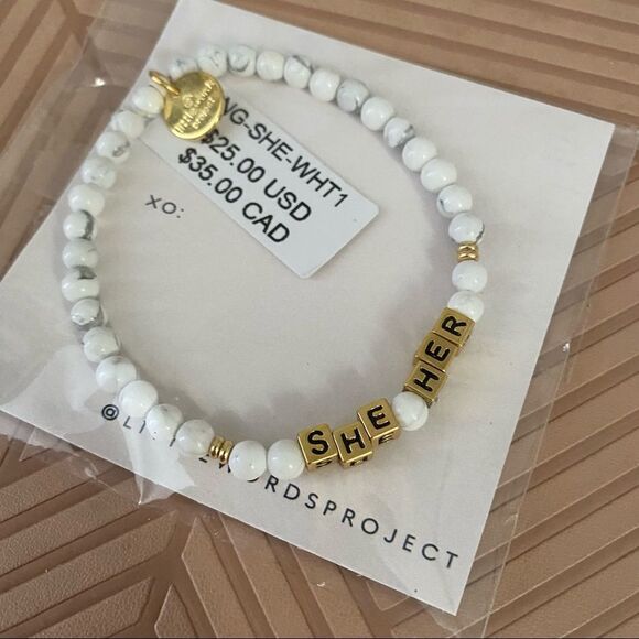 Little Words Project “She/Her” Gold Marble Beaded Stretch Bracelet Neutral - Picture 5 of 6
